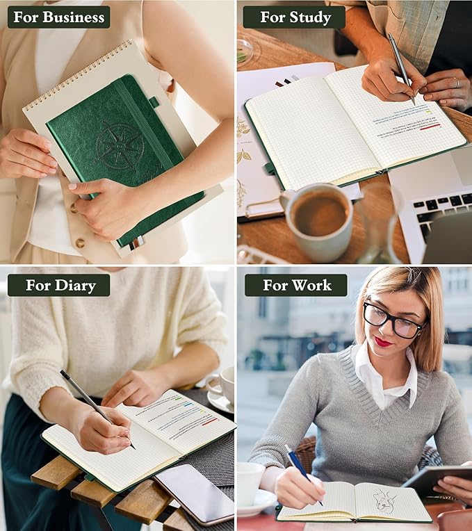 Graph Notebook for Women Men, 160 Pages Grid Paper, Graphing Notebooks for School, Work, Quad Ruled, Inner Pocket, A5 Hardcover Vintage Leather Journals for Writing, 5.8"x8.5" (Green)
