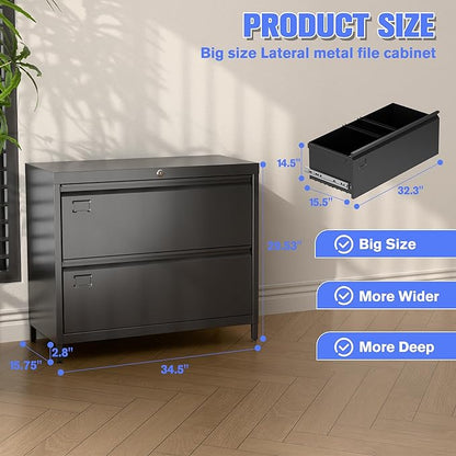 SUXXAN Metal 2 Drawer Lateral File Cabinet with Lock & Adjustable Feet - Wide Filing Cabinet for Letter/Legal/F4/A4 Hanging Files - Includes Business Card Holder,Home Office School Storage,Black