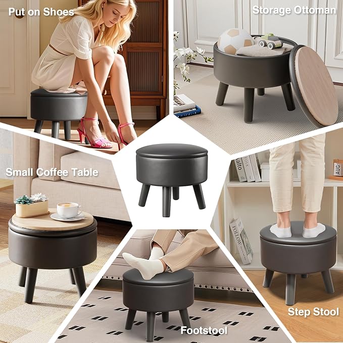 Small Foot Stool Ottoman with Storage, Faux Leather Ottoman Foot Rest for Couch, Round Footstool Ottomans for Living Room (Black)
