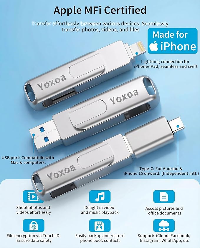 MFi Certified 256GB Flash Drive for iPhone & iPad, High-Speed Photo Stick for External Memory Storage, Backup & Transfer Files, USB Stick for iPhone/iPad/iOS/Android/PC (Available Space: ~244GB)Silver