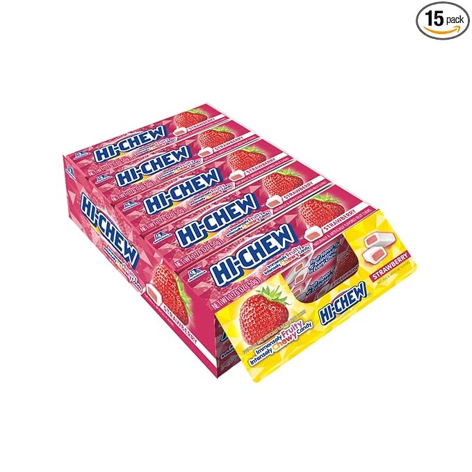 HI-CHEW Strawberry Sticks, 15-Pack, Soft & Chewy Candy, 1.76oz Each, Bulk Candy Individually Wrapped - Made with Immensely Juicy Fruity Flavors