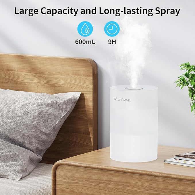 SmartDevil Small Humidifier, Portable USB Personal Desk Humidifier for Bedroom, Plants, Office, Travel, Nightstand with Night Light, Auto Shut-Off, Super Quiet