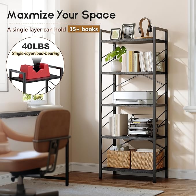 5 Tier Bookshelf, Industrial Tall Bookcase, Modern Display Shelves with Metal Frame and Sidebars for Bedroom, Living Room and Home Office, Black
