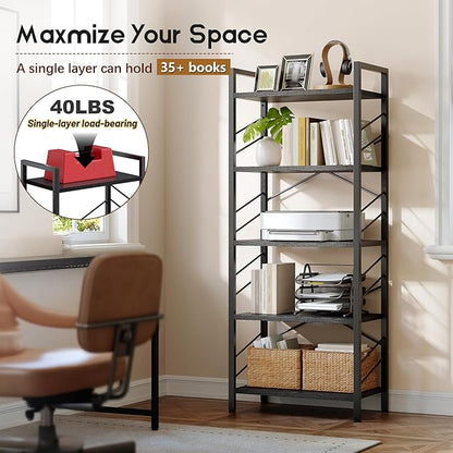5 Tier Bookshelf, Industrial Tall Bookcase, Modern Display Shelves with Metal Frame and Sidebars for Bedroom, Living Room and Home Office, Black