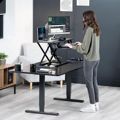 VIVO 32 inch Carbon Fiber Desk Converter, K Series, Height Adjustable Sit to Stand Riser, Dual Monitor and Laptop Workstation with Wide Keyboard Tray, Black, DESK-V000KR