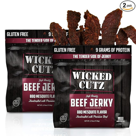 Wicked Cutz BBQ Mesquite Beef Jerky, 21g Protein Per Bag, Tender & Easy to Chew Alternative to Beef Sticks, USA Made High Protein Carnivore Snacks (2 Bags)
