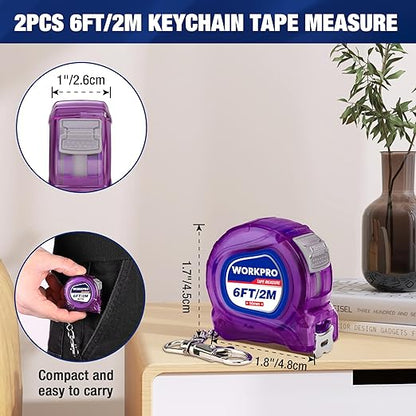 WORKPRO Keychain Tape Measure, 6FT Retractable Easy Reading Mini Tape Measurement, Inch/Metric Scale Pocket Size Small Tape Measure for Engineer, Lightweight, ABS Protective Casing, 2 Pcs, Purple