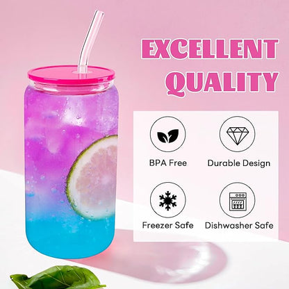Joyclub 8pcs Glass Cups with Acrylic Lids and Straws 16 oz Can Shaped Glass Iced Coffee Cups with Lids and Straws, Cute Tumbler Cup Drinking Glasses for Smoothie Whiskey Boba Soda Tea Gift