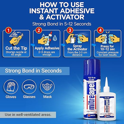 MITREAPEL Super CA Glue (22 x 3.5 oz) with Spray Adhesive Activator (22x13.5 fl oz) Cyanoacrylate CA Glue with Accelerator for Wood, Plastic, Metal, Leather, Ceramic, Crafting&Building (22 Pk)