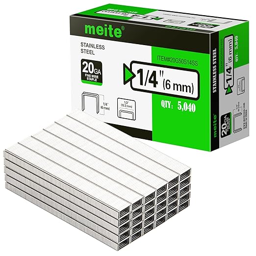 meite 20 Gauge 304 Stainless Steel Upholstery Staples, 1/2-Inch Crown with 1/4-Inch Leg Length, Heavy Duty Staples for Construction, Furniture, Crafts & DIY Projects (10 Boxes)