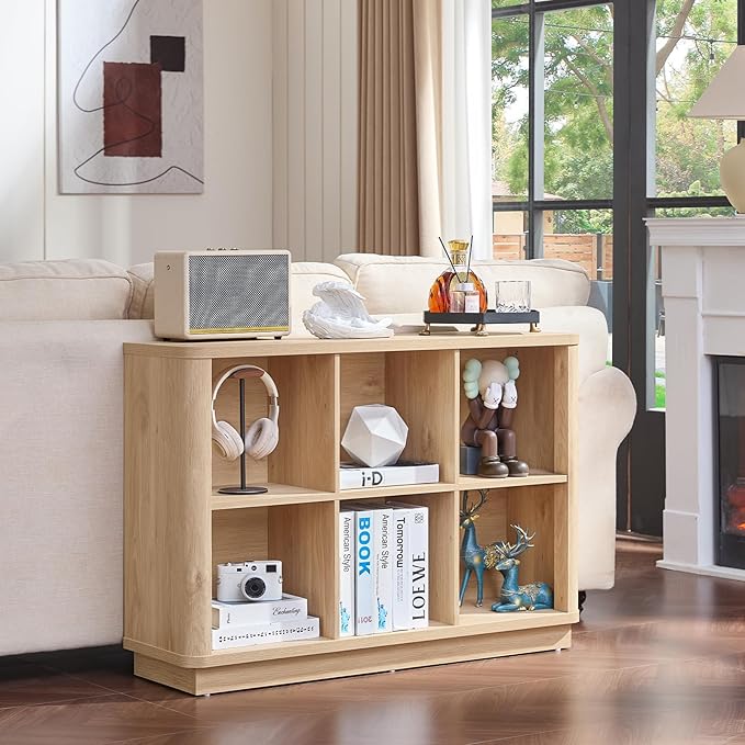 6 Cube Storage Book Shelf, 40" Wide Low Horizontal Bookcase with Curved Edge, Floor Standing 2-Tier Wooden Bookshelf with Base, Modern Short Book Case for Bedroom, Study, Entryway, Natural Oak