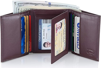 Stealth Mode Leather Trifold RFID Wallet For Men With Flip Out ID Holder (Brown)