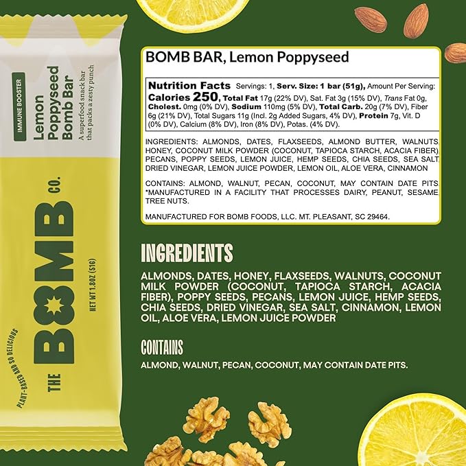 The Bomb Co. Blender Bomb Bar, Lemon Poppyseed, Superfood Snack Bar for the Body’s Natural Defense, Almond Butter, Hemp Seeds, Chia Seeds, Flax Seeds, Lemon Juice Powder, Sea Salt, Aloe Vera, 9 Bars