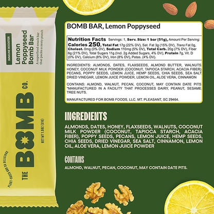 The Bomb Co. Blender Bomb Bar, Lemon Poppyseed, Superfood Snack Bar for the Body’s Natural Defense, Almond Butter, Hemp Seeds, Chia Seeds, Flax Seeds, Lemon Juice Powder, Sea Salt, Aloe Vera, 9 Bars
