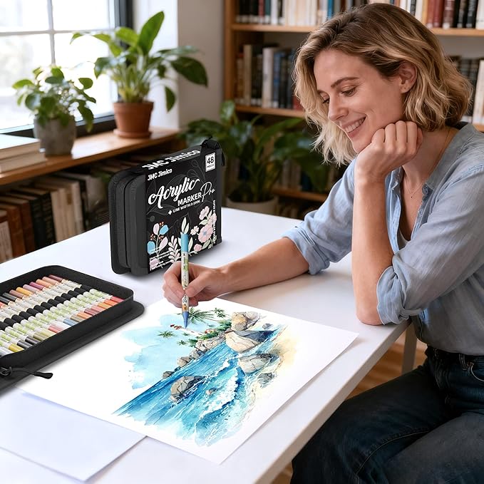 Acrylic 96 Colors Marker Pro Set,Dual-Color Brush Tips, 48 Pieces, Black Case with Floral Design, 1-5mm Line Width, for Drawing, Journaling, Rocks,Wood, Glass