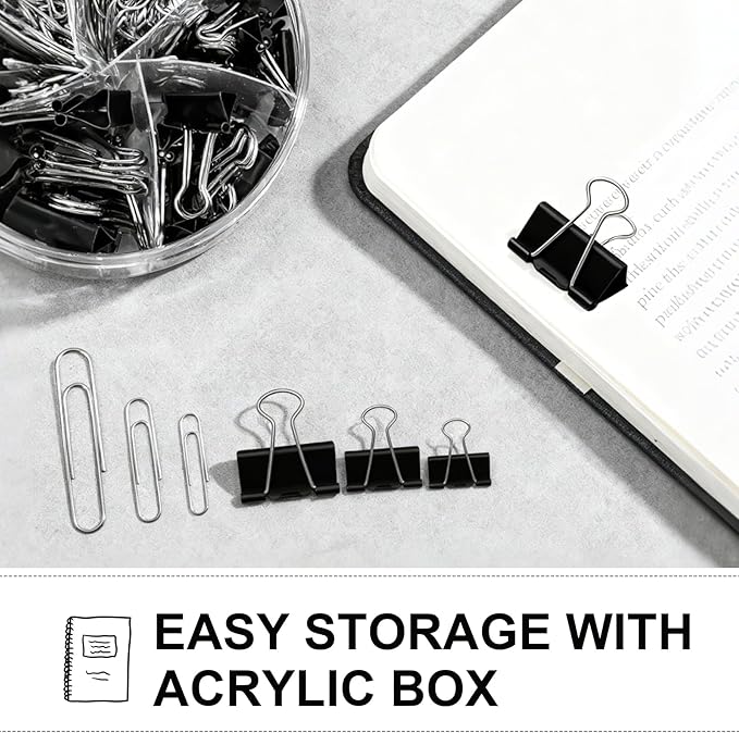340 Pcs Paper Clips Binder Clips Set, Assorted Size Paperclips Binder Clips Large Medium & Small Size, Cute Office Supplies Set for School Supplies and Desk Essentials (Black)