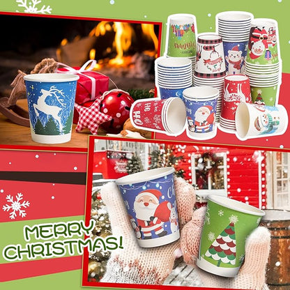 Christmas Cups - 9 oz Disposable Paper Coffee/Tea Cups, 10 Holiday Designs, 50 Pack Party Supplies for Hot and Cold Drinks