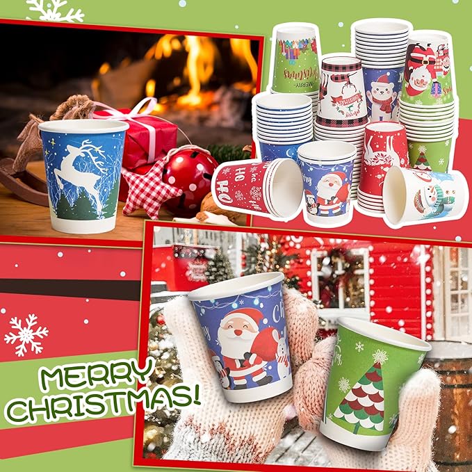 Christmas Cups Disposable 120 Pcs Paper Cups Hot Chocolate Cocoa Coffee Cups for Christmas Party Supplies, 9 oz