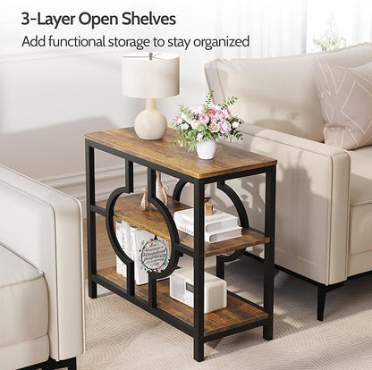 End Table Set of 2, Narrow Side Table with 3-Tier Storage Shelves, Wood Sofa Side Table with Geometric Metal Frame for Living Room, Industrial Bedside Nightstand for Bedroom (Brown)