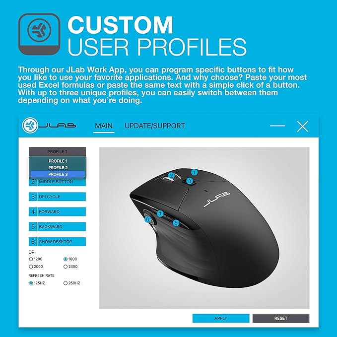 JLab JBuds Wireless Mouse, Connect Via Bluetooth or USB Wireless Dongle, Multi-Device Toggle, Up to Three Devices, Custom User Profiles, Adjustable Tracking, Full-Size, Rechargeable, (1 Pack)