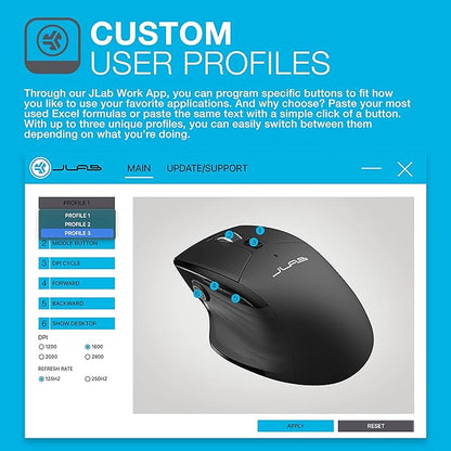 JLab JBuds Wireless Mouse, Connect Via Bluetooth or USB Wireless Dongle, Multi-Device Toggle, Up to Three Devices, Custom User Profiles, Adjustable Tracking, Full-Size, Rechargeable, (1 Pack)