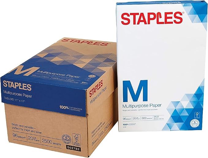 Staples Inkjet Paper – 11” x 17” Multipurpose Paper, 1 Carton of 5 Reams for 2,500 Total Sheets, 20 lbs, 96 Bright Paper – FSC and Rainforest Alliance Certified, Acid-Free