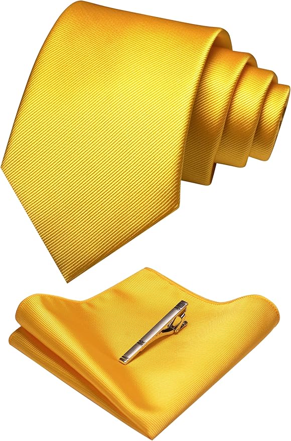 JEMYGINS Solid Color Formal Necktie and Pocket Square Tie Clip Sets for Men
