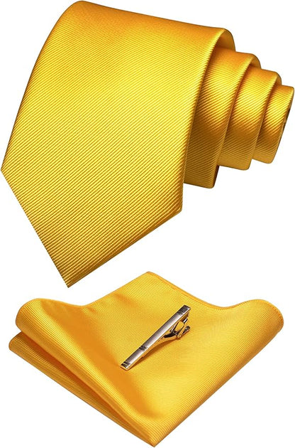 JEMYGINS Solid Color Formal Necktie and Pocket Square Tie Clip Sets for Men