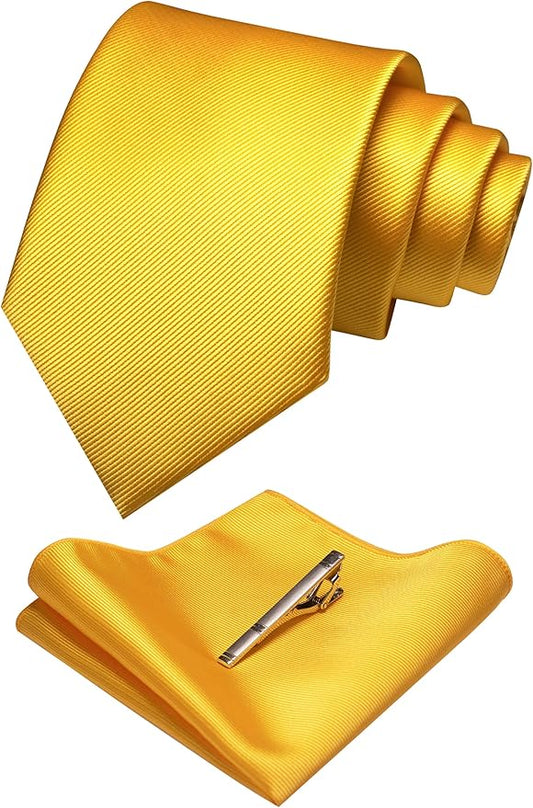 JEMYGINS Solid Color Formal Necktie and Pocket Square Tie Clip Sets for Men