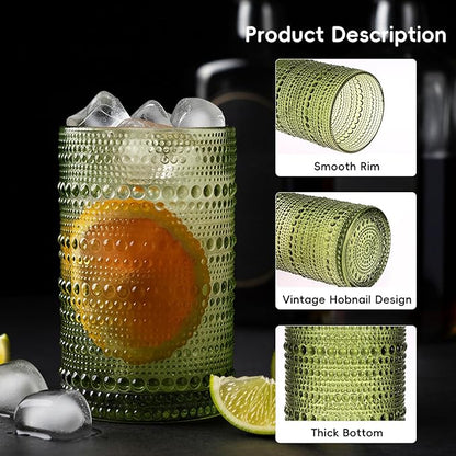 Moretoes Hobnail Drinking Glasses, 12 Piece Green Water Glass Cups, Mixed Vintage Glassware Set, 6pcs 12oz Highballs and 6pcs 10oz old Fashioned Glasses, Great for Cocktail, Whisky and other Beverages