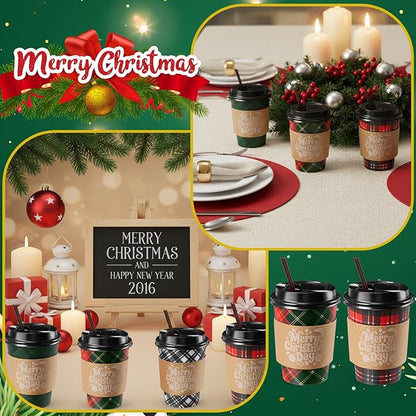 Lallisa 100 Sets Christmas Disposable Coffee Paper Cups Bulk with Lids Sleeves & Straws, 12 oz Xmas Red and Green Buffalo Plaid Cups for Hot Cold Cocoa Tea Holiday Party Supplies