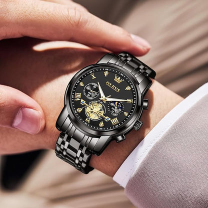 OLEVS Men Watches Stainless Steel Chronograph Watch, Large Wrist Analog Quartz Watch, Fashion Waterproof Diamond Roman Numerals Dress Watches for Men, Gold/Black/White/Blue/Grey Dial