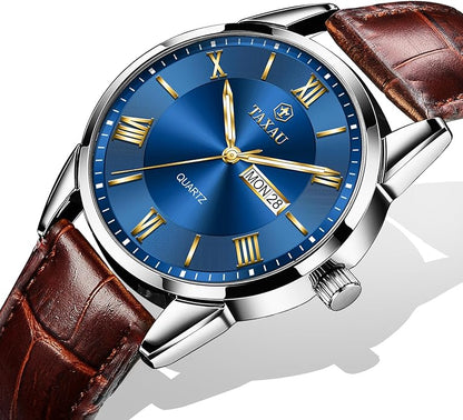 Men's Watch Big Face Easy Read Arabic Numeral Dress Watches for Men Classic Black Brown Leather Band Analog Mens Wrist Watch with Day and Date Fashion Business Waterproof Luminous Quartz Watch