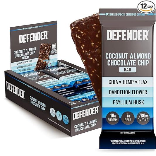 Defender Vegan Protein Bar, Coconut Almond Chocolate Chip, Plant Based Snack Breakfast Bars, Psyllium Husk, High Fiber, Non GMO, Kosher, No Stevia & Sugar Alcohols, 12 Bars, Holiday Gift Item, Stocking Stuffer