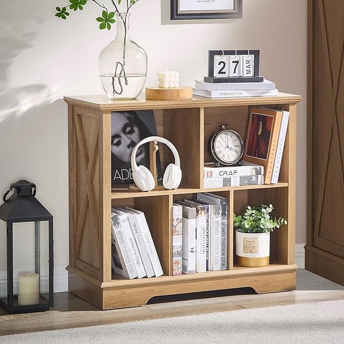 Book Shelf, 5 Cube Storage Organizer, 2-Tier Open Shelf Wooden Bookcase, Freestanding Wood Cube Storage Bookshelf for Bedroom, Living Room, Home Office (Natural Oak)