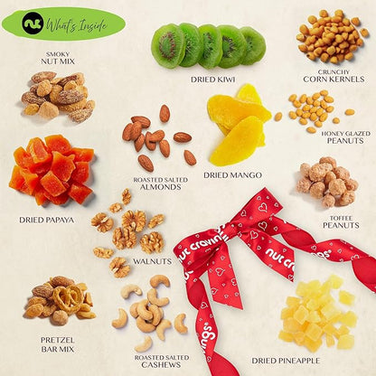 NUT CRAVINGS - Thanksgiving Dried Fruit & Mixed Nuts Gift Basket in Reusable Wooden Tray + Ribbon (12 Assortments) Holiday Xmas Christmas Food Arrangement, Healthy Snack Care Package,