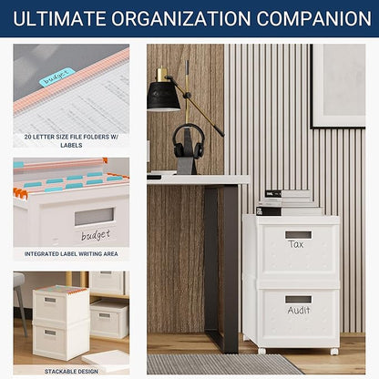 Collapsible Stackable Rolling File Boxes with Lids and 10 Hanging Files, Portable Plastic Storage Organizer with wheels for Home or Office, 2-Pack