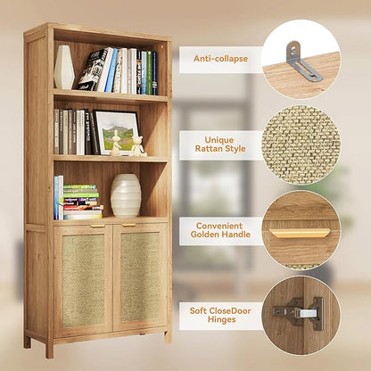 Bookshelf, 71" Tall Bookcase with Doors, 5 Tier Wooden Bookshelf Open Shelf Bookcase, Modern Farmhouse Bookshelves for Office,Library, Living Room