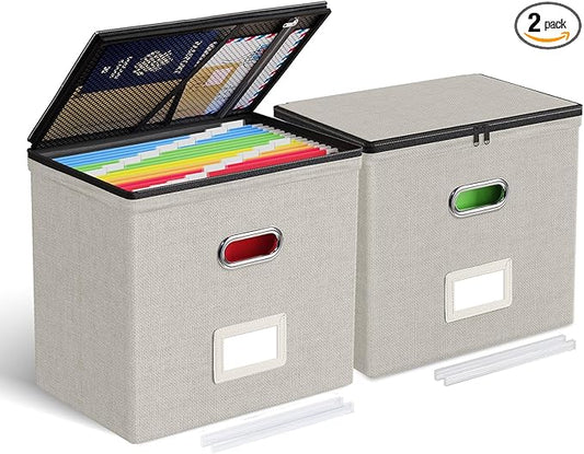 Oterri File Organizer Boxes with Lids, File Box with Mesh Pockets, Document Organizer Box for Letter Size Folders, Zippers Important Document Organizer (Beige, Small-2 Pack Without Folders)