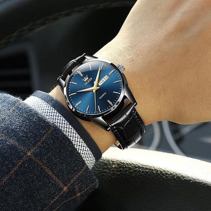 Men's Casual Leather Watch, Easy to Read Three-Hand Analog Stainless Steel Watches for Men, Minimalist Day Date Waterproof Luminous Mens Quartz Wristwatch