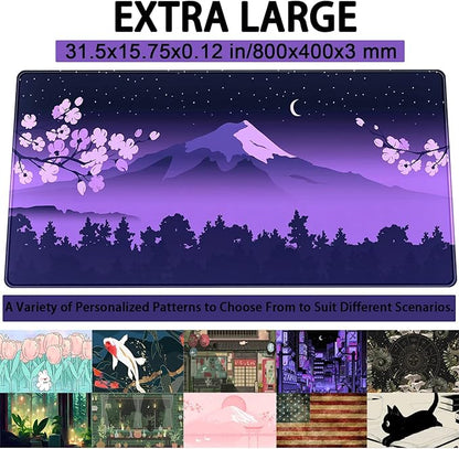 Purple Desk Mat Japanese Desk Pad Cute Fuji Mountain Gaming Mousepad Large, Cherry Blossom Mouse Pad XXL Desk Mats, Kawaii Anime Deskmats Desktop Protector Laptop Keyboard Mat Pad 31.5x15.75 in