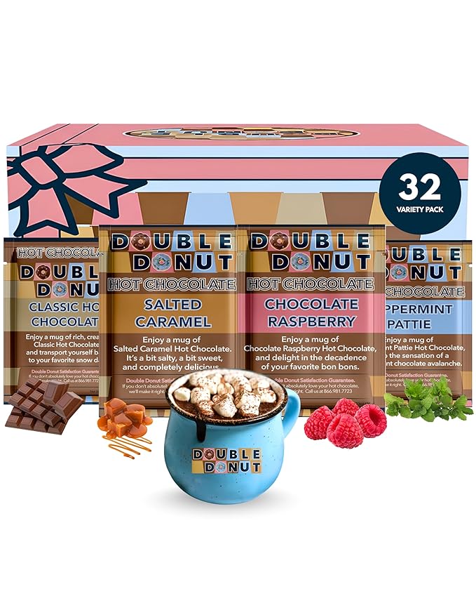 Gourmet Hot Cocoa Mix Variety Pack - Classic, Chocolate Raspberry, Salted Caramel, & Peppermint Hot Chocolate Mix Sets - 32 Count