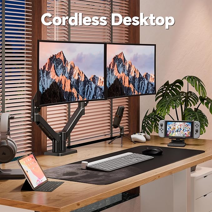 Dual Monitor Mount Fits Up to 32 Inch, Full Adjustable Dual Monitor Stand, VESA with C Clamp, Supports 4.4-19.8LBS LCD/LED Tilt, Swivel, Rotation Computer Screens, Black