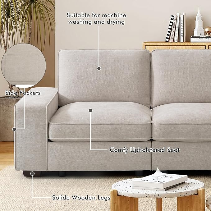 TEKAMON 73" Modular Sofa Couch with Seat Storage, Modern 2-Seater Chenille Fabric Loveseat Sofa for Living Room, Office, Apartment with Deep Seat, Wide Armrest, USB Port, Side Pockets, RemovableCover