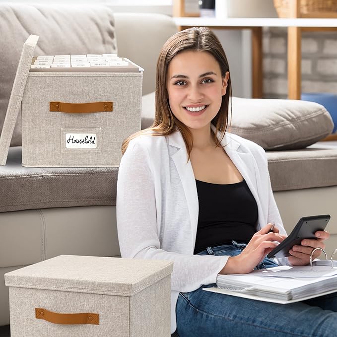 ZICOTO Decorative File Organizer Box Set of 2 - Collapsible Linen Filing Cabinets w/Handles Are Perfect to Store all Your Documents & Hanging File Folders - Portable Easy Slide Crates with Lid