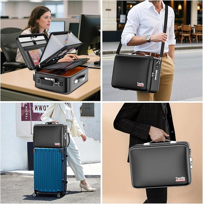 Tamfile Fireproof Document Box, Hard-Shell Design Case 5200°F Fireproof Water Safe File Box with Lock,8-Layer Fireproof Safe File Organizer for Important Documents、Valuables、Laptop、Passports (Black)