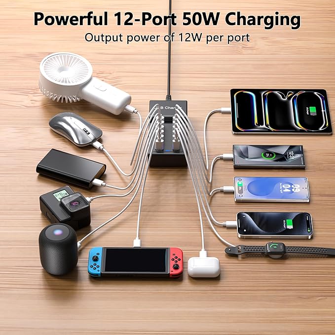 Multi USB Charger, USB C Charging Block Station, 50W 12 Port Multiple USB C Power Strip USB Hub Compatible with iPhone 16 Pro Max/15/14/13/12/11, iPad, Tablets, Samsung Galaxy S25/S24, Pixel
