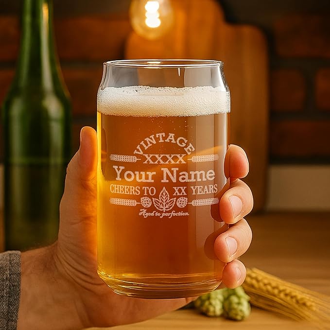 On The Rox Customized Beer Can Glass-Personalized-Birthday Beer Glass-Engraved-Vintage-Cheers-Aged To PERFECTION-Birthday Gift-Etched Beer Glass-Barware (1)