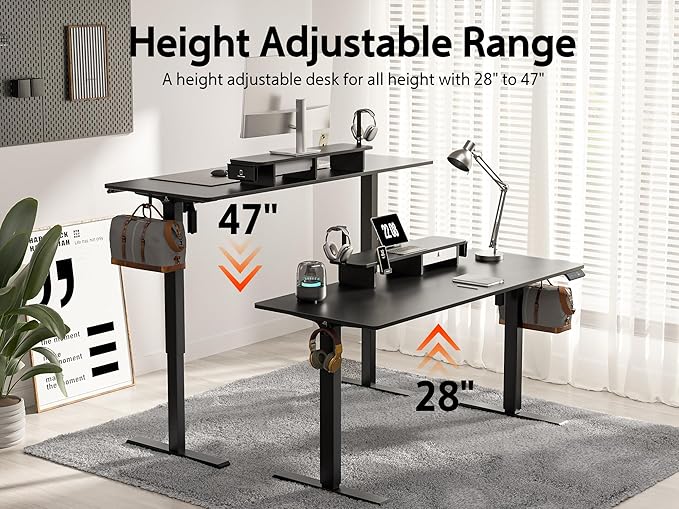 55x24 Inches Electric Standing Desk with Drawer and Monitor Stand, Height Adjustable Stand up Desk for Home Office, Ergonomic Sit to Stand Table with Phone Holder, 3 Hooks, Black