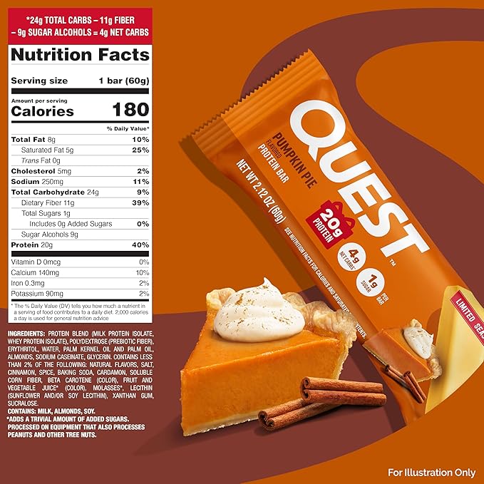 Quest Nutrition Pumpkin Pie Protein Bar, 20g Protein, 4g Net Carb, 1g Sugar, Gluten Free, 12 Count